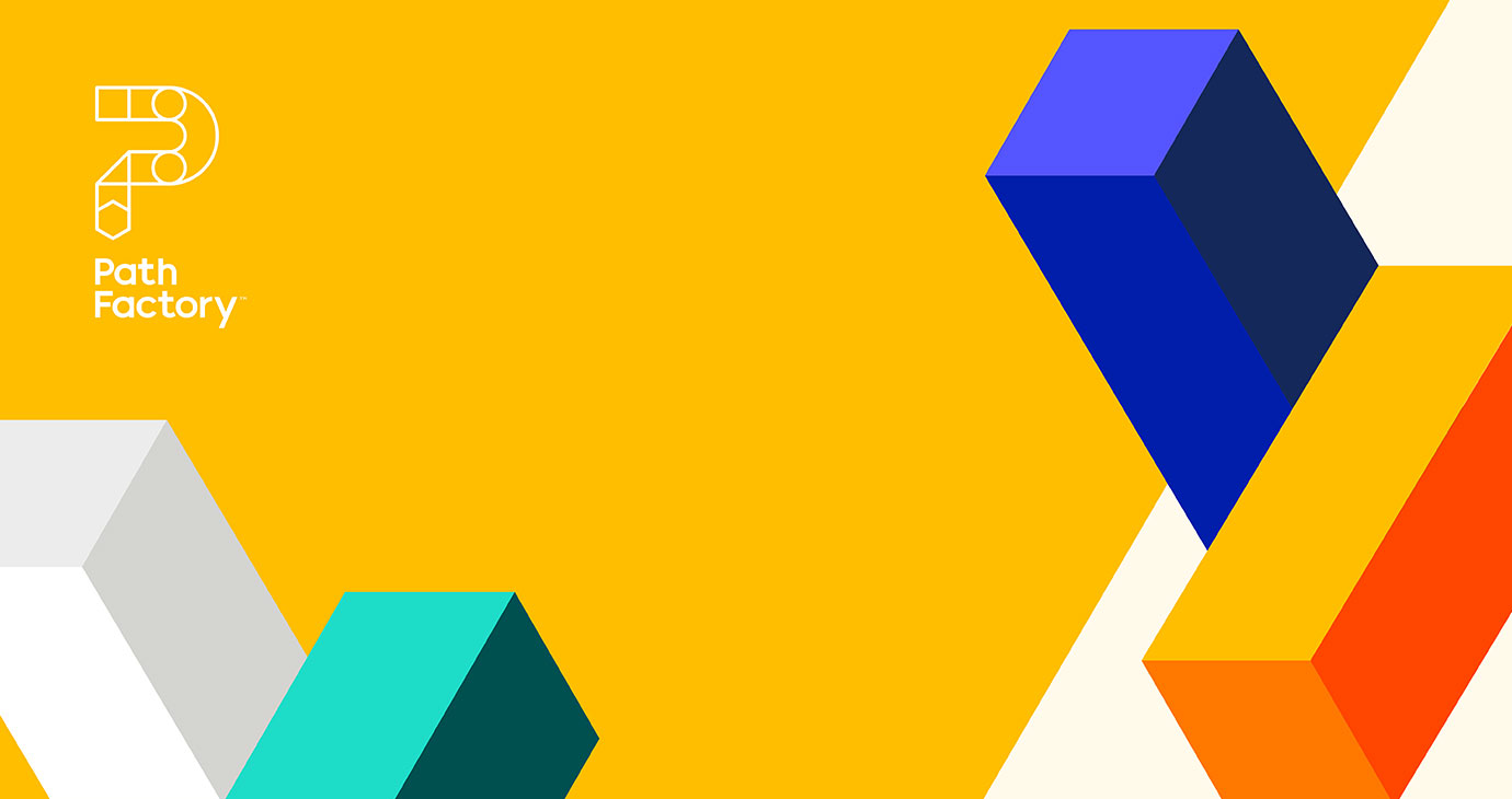 Decorative blocks on yellow background with PathFactory logo in upper left