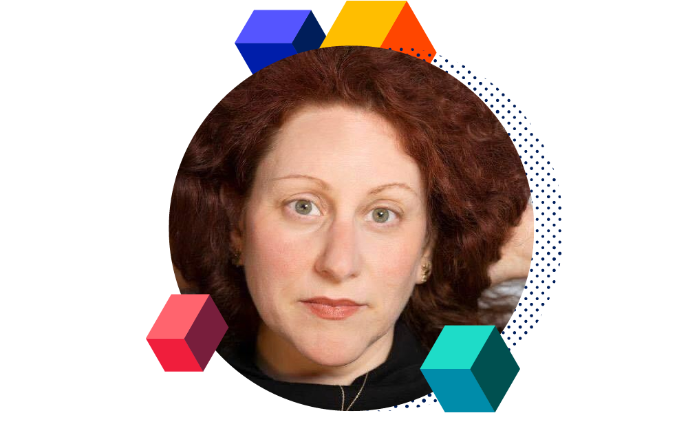Headshot of Deborah Szajngarten surrounded by decorative blocks