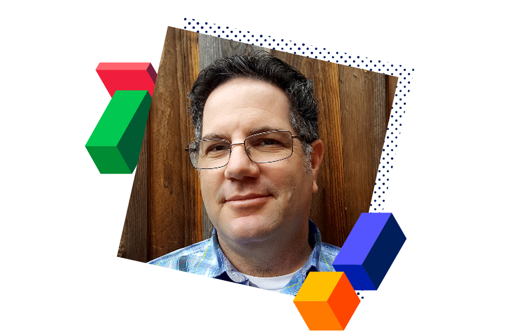 Headshot of Ari Echt surrounded by decorative blocks