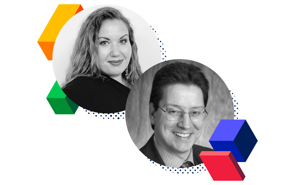 Headshots of Gary Holland and Zsuzsanna Blau surrounded by decorative blocks