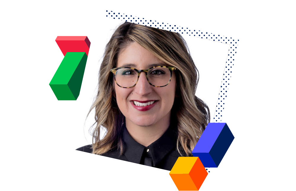 Headshot of Kelsey Doran surrounded by decorative blocks