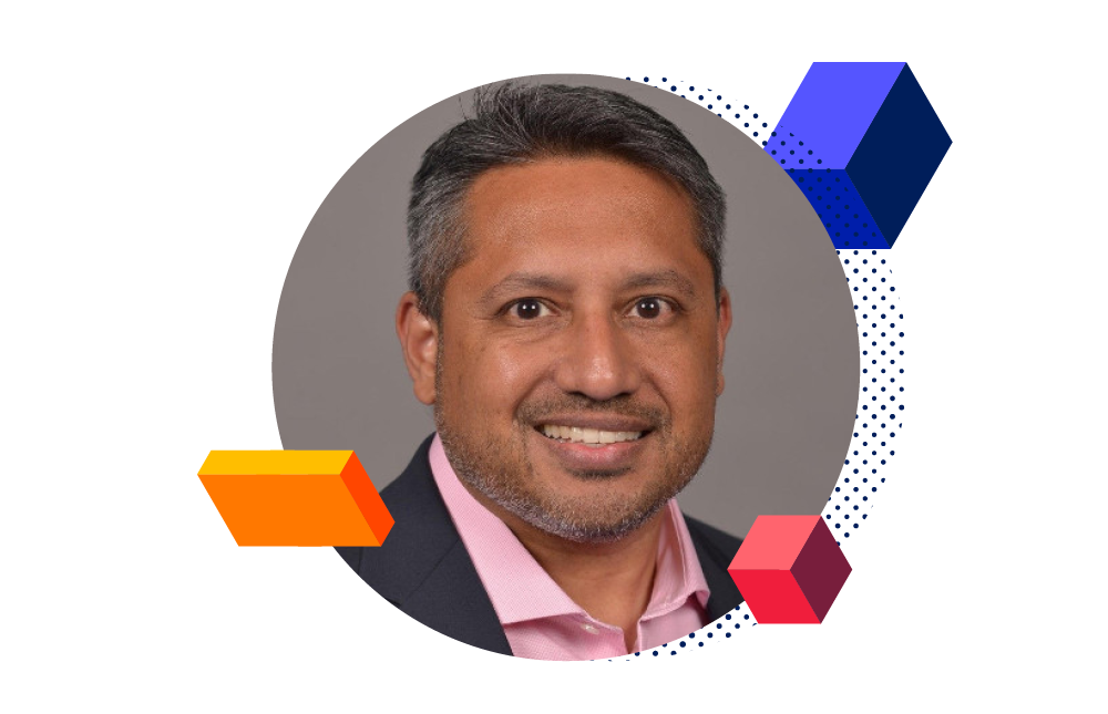 Headshot of Mervyn Alamgir surrounded by decorative blocks