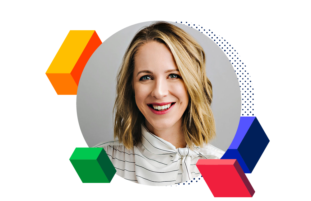 Headshot of Lindsay Cournoyer surrounded by decorative blocks