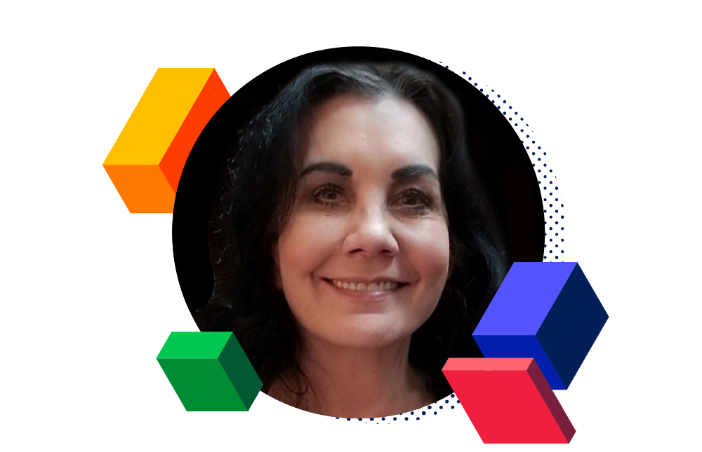 Headshot of Susan Salgy surrounded by decorative blocks