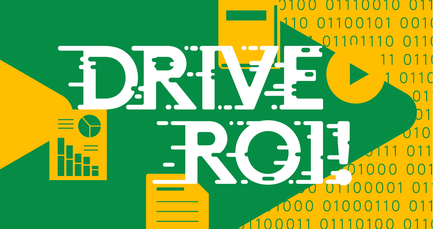 Arrow with paper, book, report, video play button, binary code and text Drive ROI