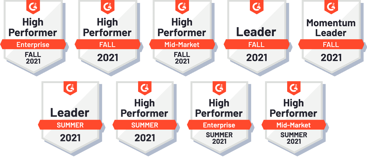 9 G2 badges for high performance, awarded to PathFactory in Fall & Summer '21