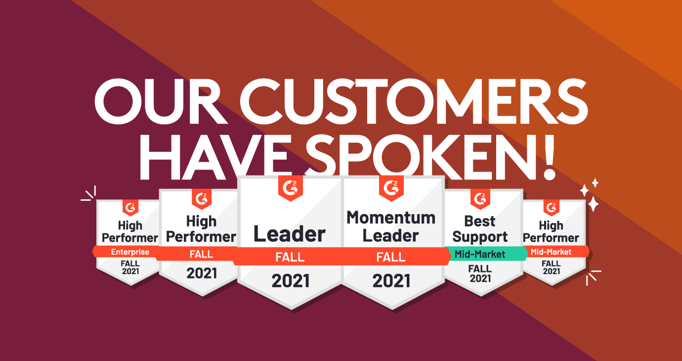 6 new G2 badges awarded to PathFactory in Fall '21, beneath the text: "Our customers have spoken!"