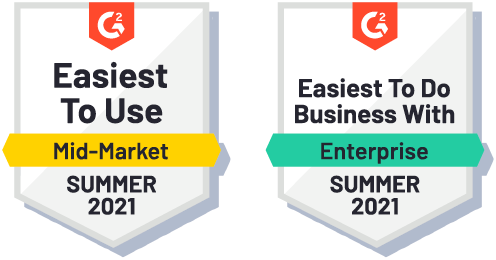 2 G2 badges for Easiest To Use: Mid-Market, and Easiest To Do Business With: Enterprise, awarded to PathFactory in summer '21