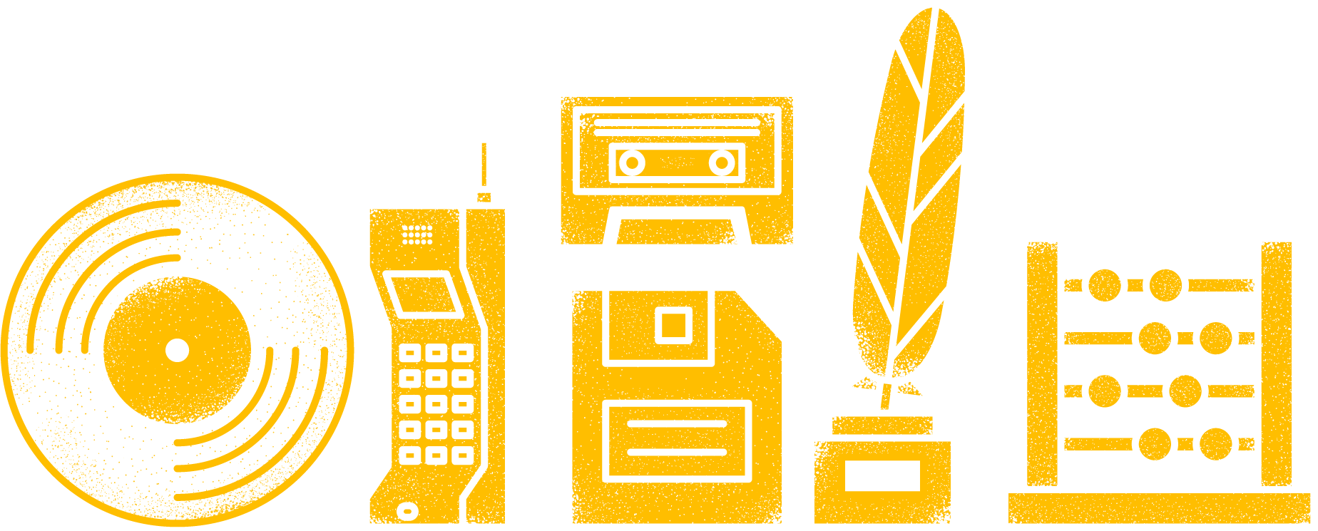 Obsolete technology: CD-rom, old phone, floppy disk, cassette tape, quill and abacus