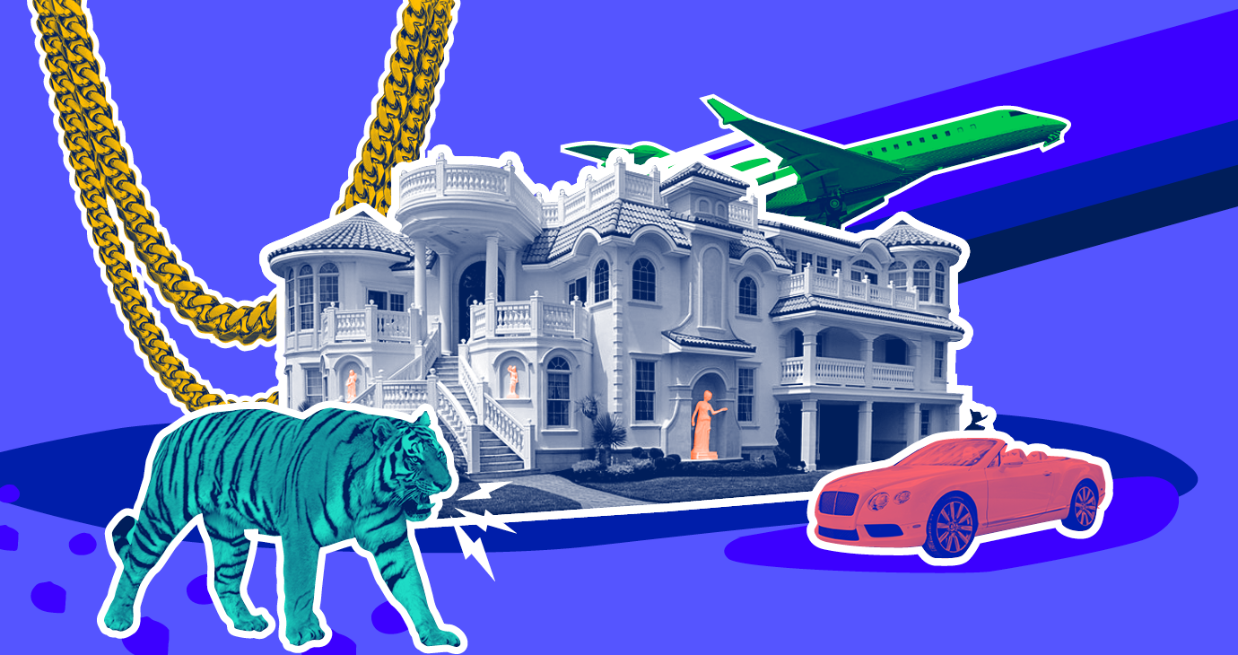 Mansion with private jet, convertible, tiger and gold chain