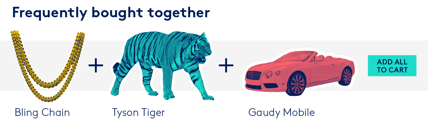 Related McMansion-themed items grouped together: gold chain, tiger and convertible