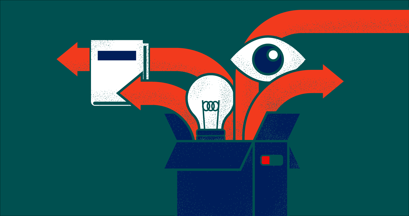 Opened packing box with eye, light bulb, book and arrows pointing outward